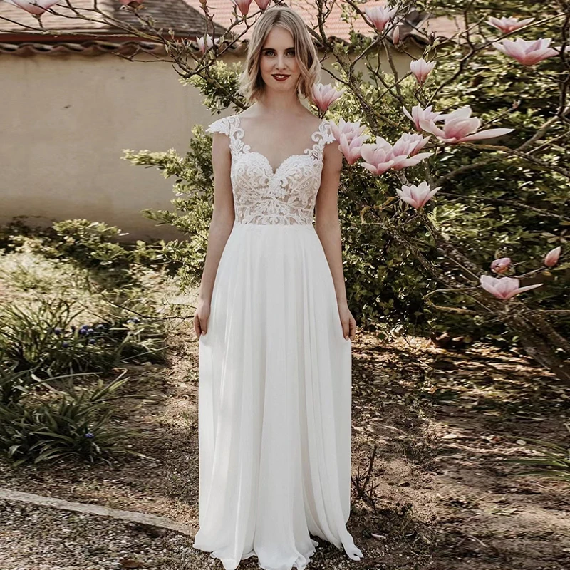 

Boho Wedding Dress Chiffon And Lace With Floor Length Sleeveless Sweetheart Simple Bride Dresses Backless Vestido De Novia