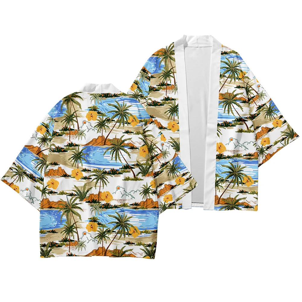 

Summer Beach Coconut Tree Printed Couple Japanese Style Kimono Sets Kimono Pants Male Japan Harajuku Yukata Cardigan Costume