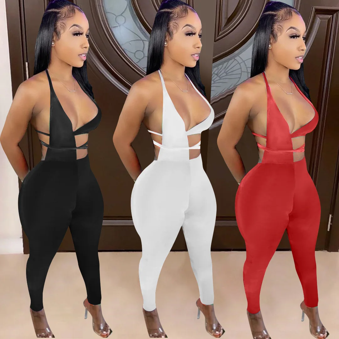 

2021 new hot women's sexy tight solid color bandage hollow out Jumpsuit sexy nightclub women's wear