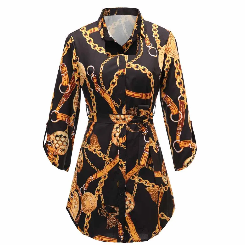 

Dresses For Women 2021 Summer Long Sleeve Chain Print V-Neck Dress Female Casual High Waist Mini Party Dress