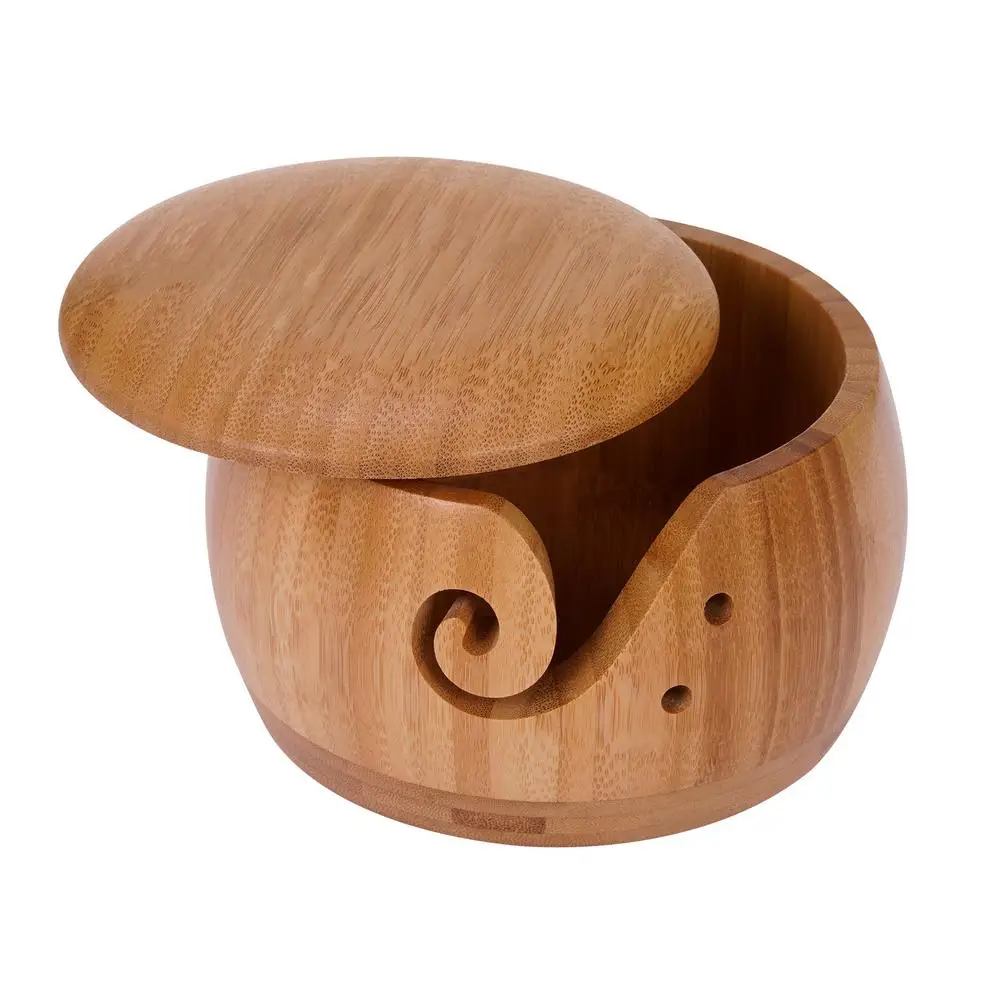 

Wooden Yarn Bowl Yarn Storage Knitting Wool Holder Round Basket With Lid & 2 Holes Handmade Craft Crochet Kit Organizer Gift For