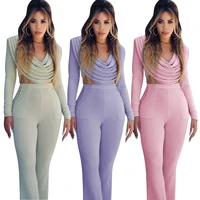 2021 pleated fold pile neck crop top flare pants set sexy skinny matching set 2 piece set party club outfit pink suit autumn
