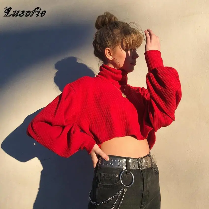Lusofie осенний Новый красный свитер с длинным рукавом и высоким воротником