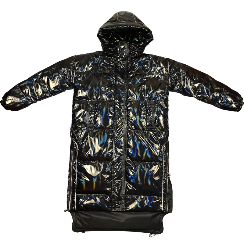

ZURICHOUSE 2021 Women Duck Down Jacket Winter Long Fashion Shiny Black Down Coat Plus Size Couple Series Hooded Down Parka
