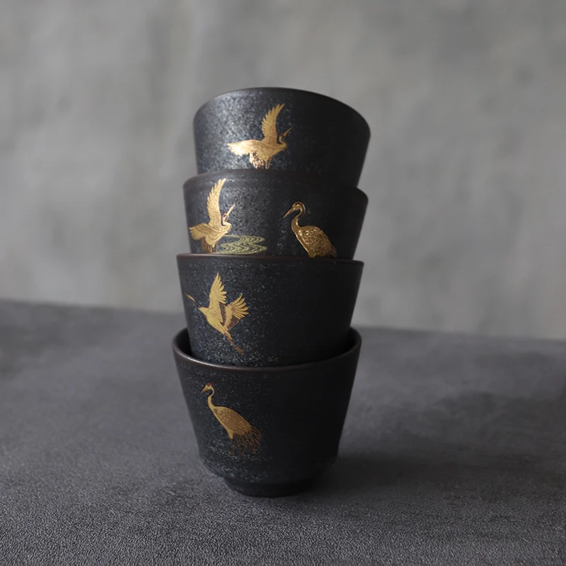 

Retro Creative Black Pottery Ceramic Teacup Crane Porcelain Teacup Chinese Kung Fu Cup 100ml