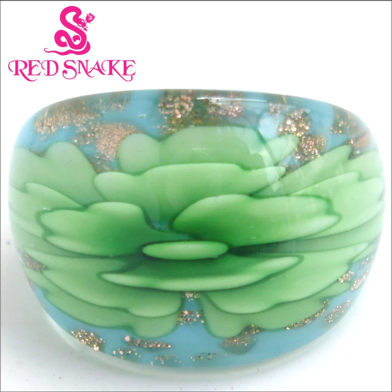 

RED SNAKE Fashion Ring Handmade Blue with green flower Drawing Murano Glass Rings