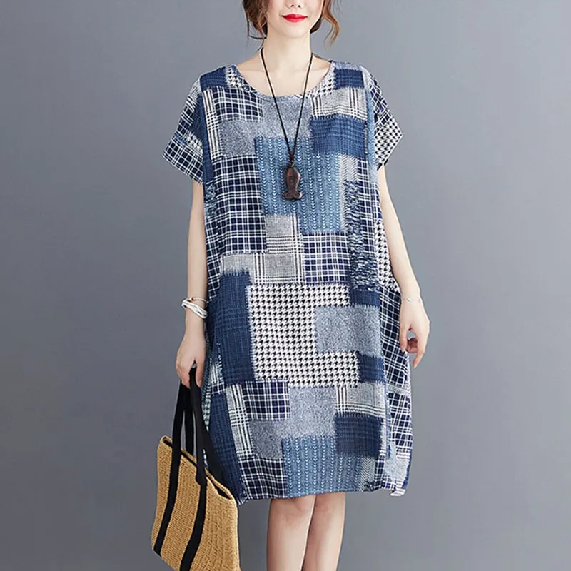 

Women Cotton Linen Casual Dresses New Arrival 2020 Summer Vintage Style O-neck Plaid Print Loose Female Knee-length Dress S2719