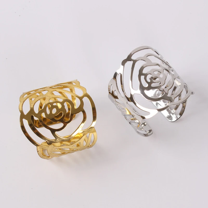 

50 шт./лот, кольцо для салфеток из металла с вырезами в виде розы для стульев, пряжки для свадебных торжеств вечерние, банкетов, украшение коле...
