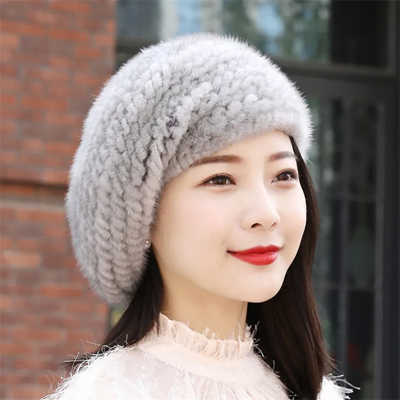 

Real Mink Fur Berets Elegant Women's Winter Caps New Design Fashion Fur Hats Knitted Warm