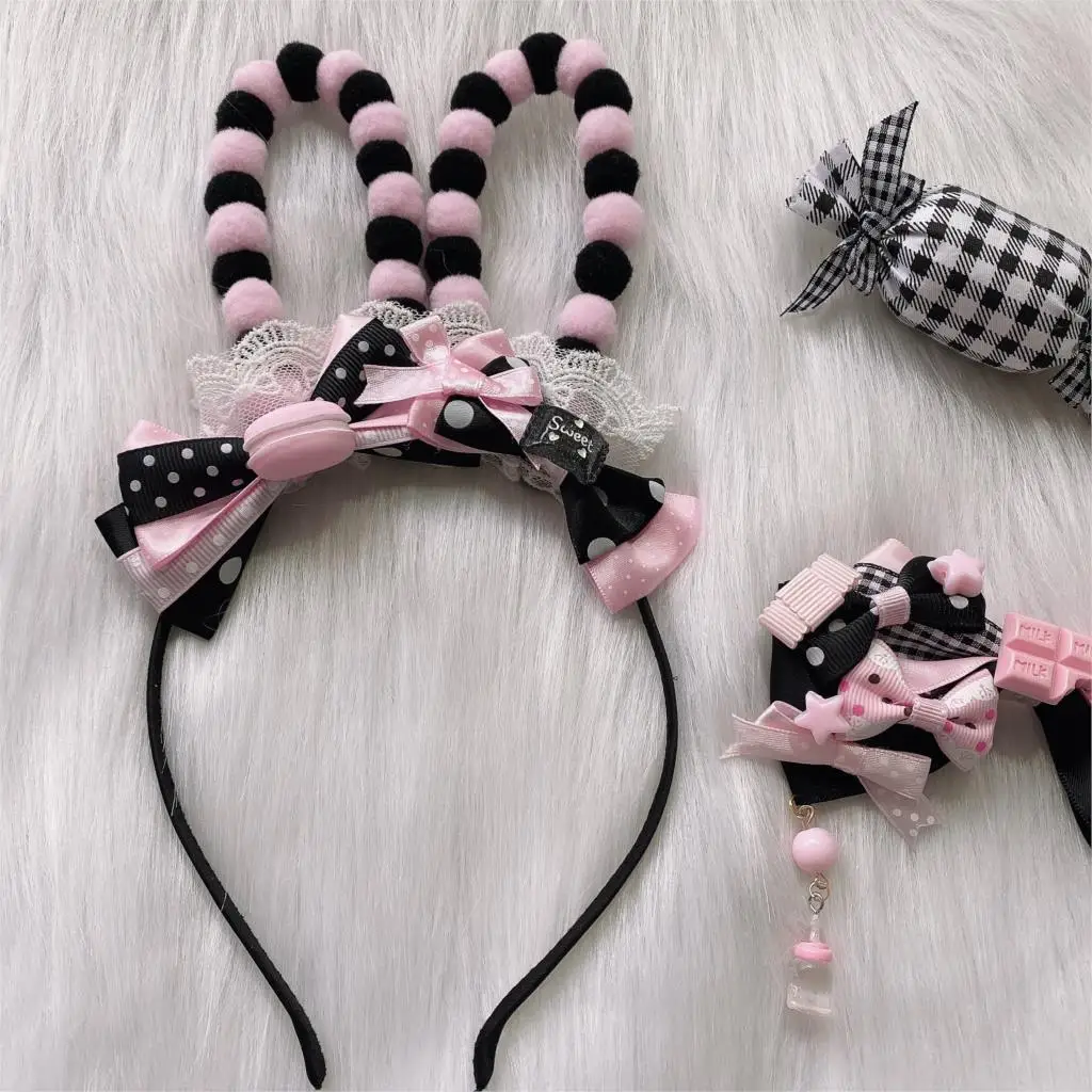 

Lolita Handmade Rabbit Eared Hair Ball Headband Black Pink Sweet Red White Blue Pink