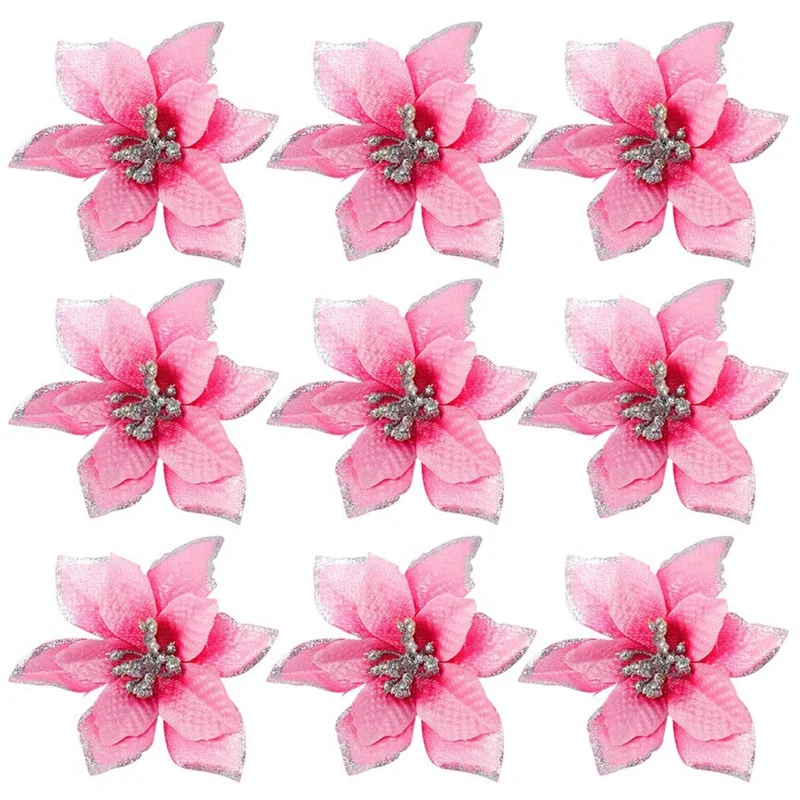 

50 Pack Glitter Poinsettia Christmas Tree Ornaments 5Inch Artificial Silk Flowers Picks Decor Wreath Garland (Pink)