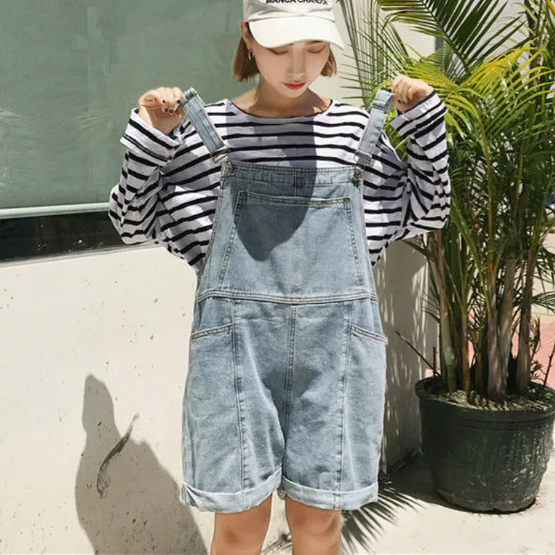 

Rompers Women Summer Vintage Retro Loose Wide-leg Denim Adjustable Strap BF Students Preppy Front Pocket Streeywear Playsuits