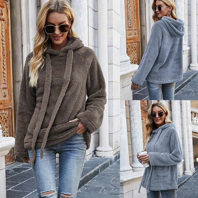 Comfy Plush Fur Hoodie Drawstring Warm Thick Sweatshirt Fluffy Tops Women Loose Oversize Poleron Mujer Winter Solid Color Hoodie