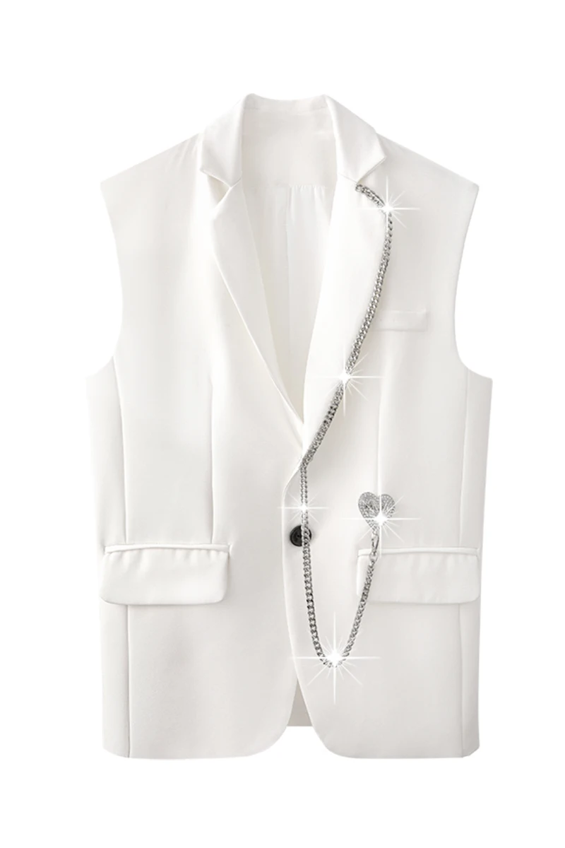 

[DEAT] New Summer Fashion Women Spliced Metal Chain Single Button Sleeveless White Color Jacket Vest Female Top WR61200L