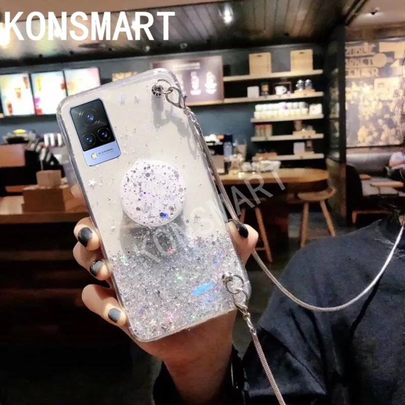 

KONSMART Case For VIVO V21 Glitter Star Clear Phone Cases For Vivo V21e Luxury Silicone Soft Stand Back Cover V21 5G With Strap