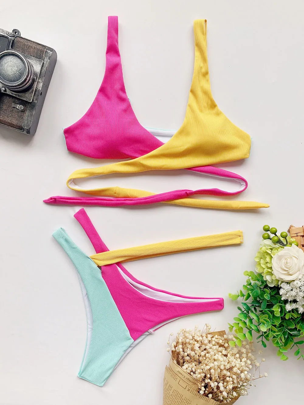 

2021 Summer Colorful Splicing Bikini Female Swimsuit Women Swimwear Hollow Out Bikini set Asymmetric Bather Bathing Suit Swim