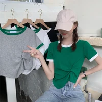 t shirt design sense folds irregular round neck short sleeved t shirt women summer new korean style slim slimming top
