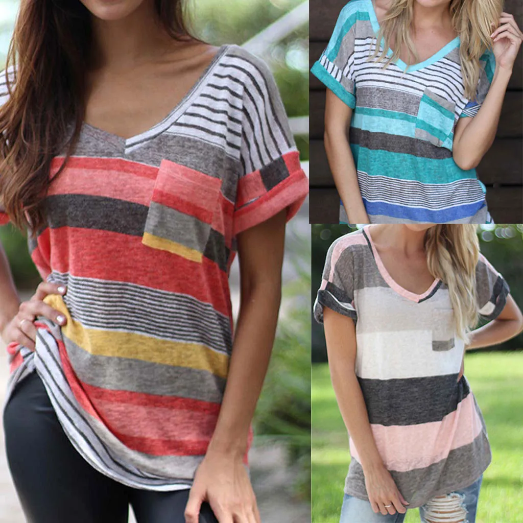 Женская футболка в полоску с коротким рукавом и V-образным вырезом | одежда
