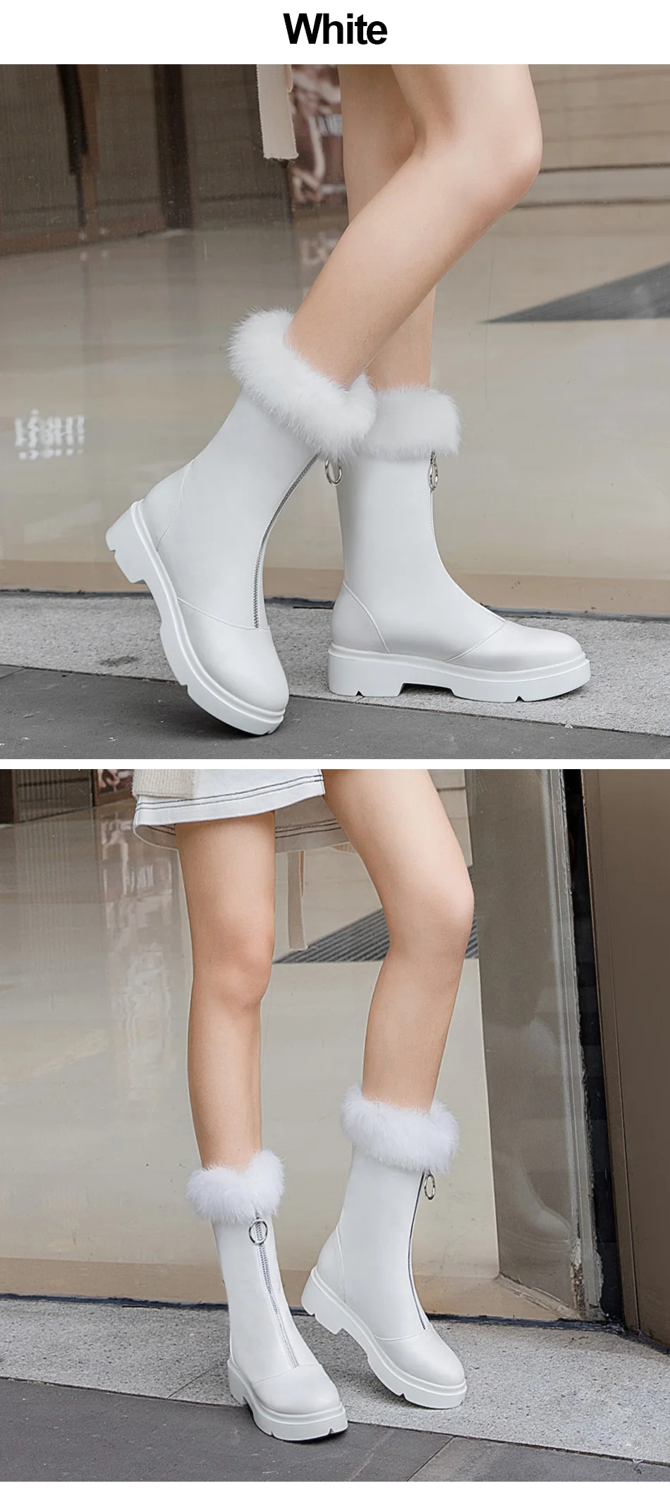 Gdgydh Long Plush Inside Leather PU Snow Boots Plush Boots Women Warm Natural Fur Winter Boots Female With Zipper High Quality