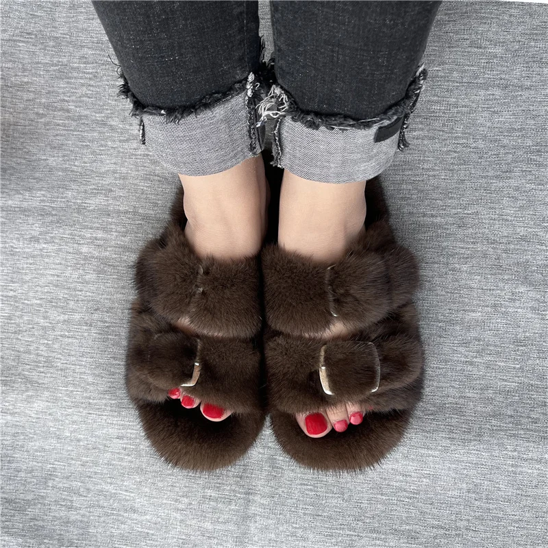 

Real Mink Fur Slippers Slides Furry House Flat Sandals For Women Cute House Women Shoes 2021 Luxury Brand Shoes
