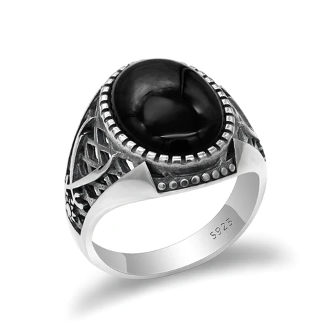 Мужское серебряное кольцо с черным ониксом, двойной меч