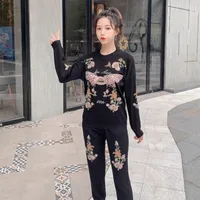 Luxury Design Autumn Fall Celebrity Style Runway Nail bead Embroidery Pants Suit Loose Blouse Trouser knitting Two Pieces Set
