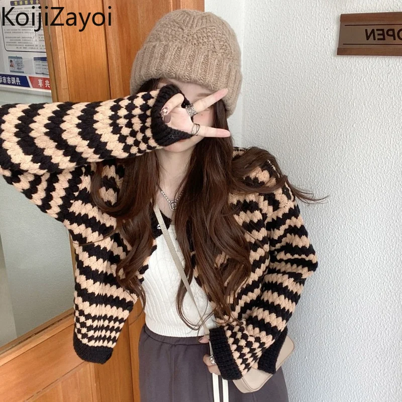 

Koijizayoi Vintage Women Striped Cardigan Knitted Fall Winter Lady Cropped Kardigan Single Breasted O Neck Cardigans Thick Tops