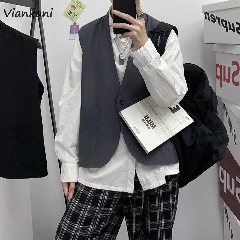 

Мужской костюм жилет на осень, модный Одноцветный Цвет Бизнес повседневные куртки в Корейском стиле, обувь в уличном стиле «дикий» свободны...