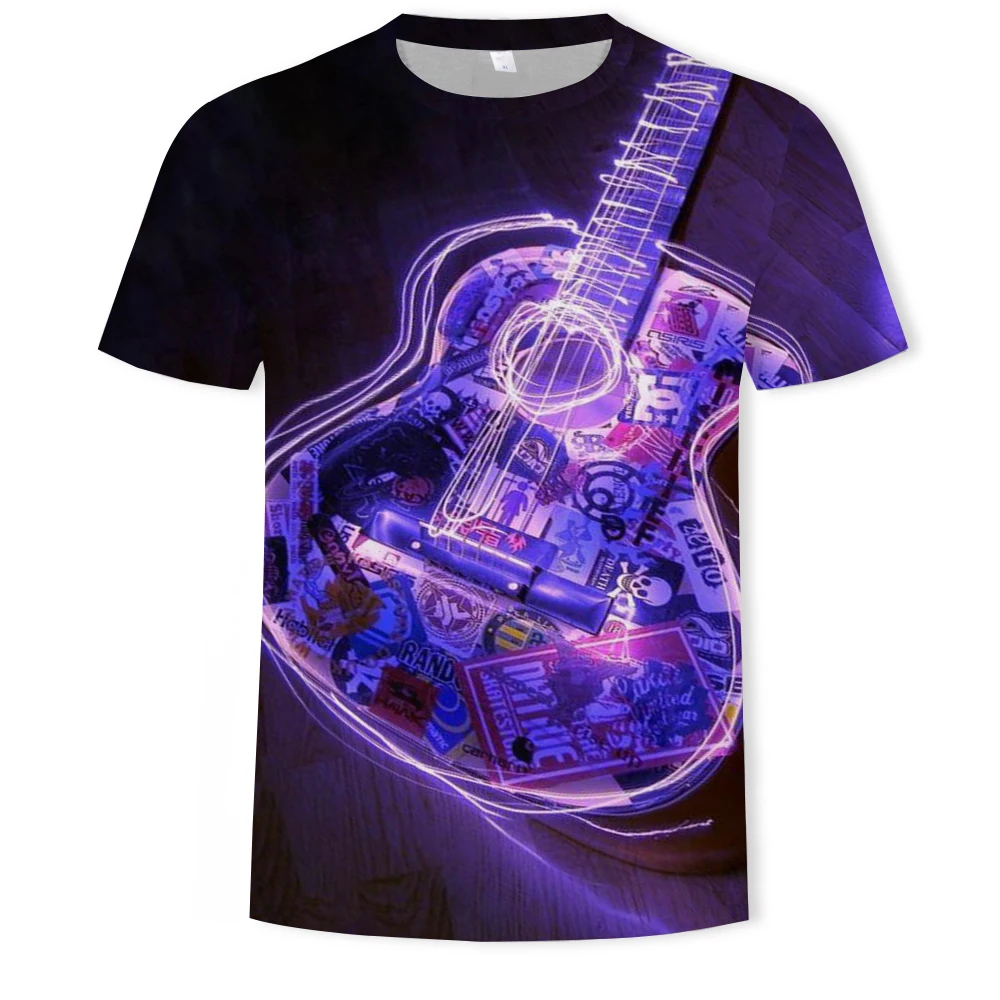 

Summer new trendy musical instrument guitar pattern loose casual beach boutique top men’s T-shirt