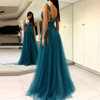 elegant peacock green evening dresses long prom gowns sexy high split v neck backless party dresses with lace appliques custom