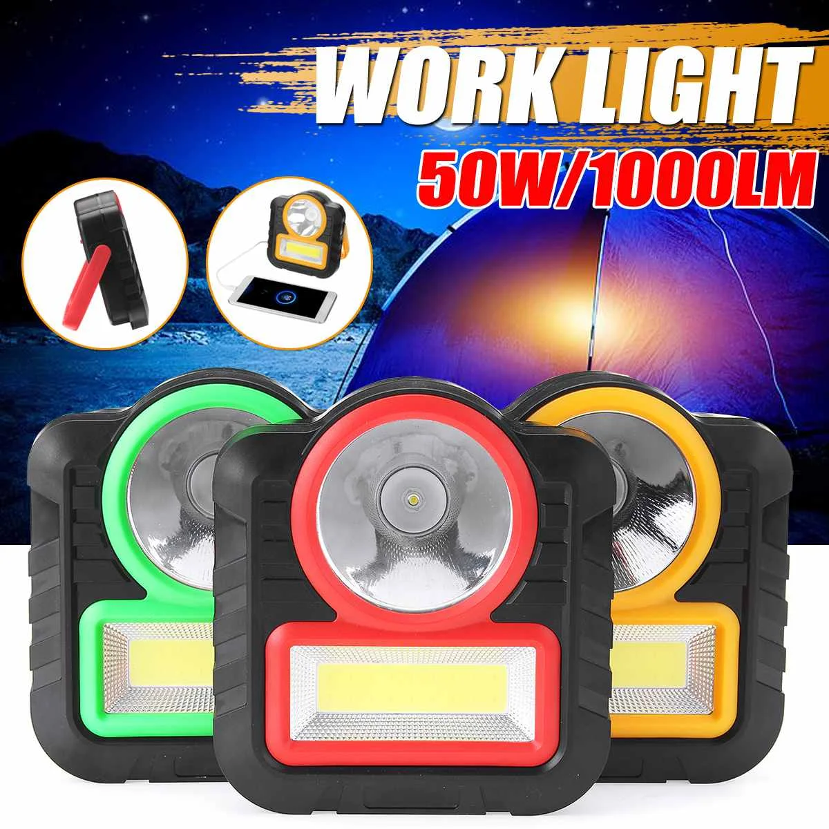 

1000LM Led Work Light Portable COB Worklight Lamp Work Lamp Working Light Searchlight USB Rechargeable 50W