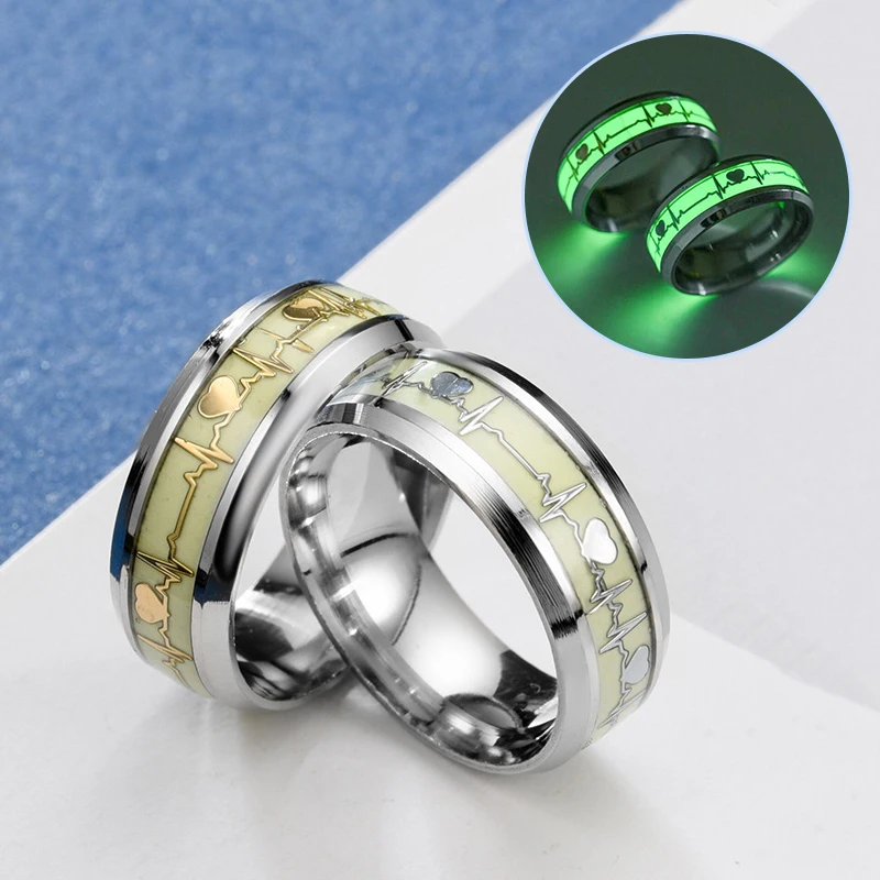 

Heartbeat Luminous Rings Stainless Steel Ring Fluorescent Glowing In dark Finger Rings Jewelry Gift Accessories for Men Women