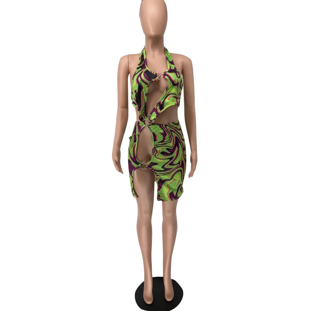 

Gradient Abstract Print Sexy Bodycon Mini Dress Women Summer Hollow Backless Skinny Dress Streetwear Halter Split Beach Dresses