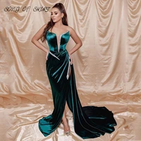 dark green mermaid prom gown high split shiny deep v neck holy communion women satin formal party dresses robe de soir%c3%a9e femme