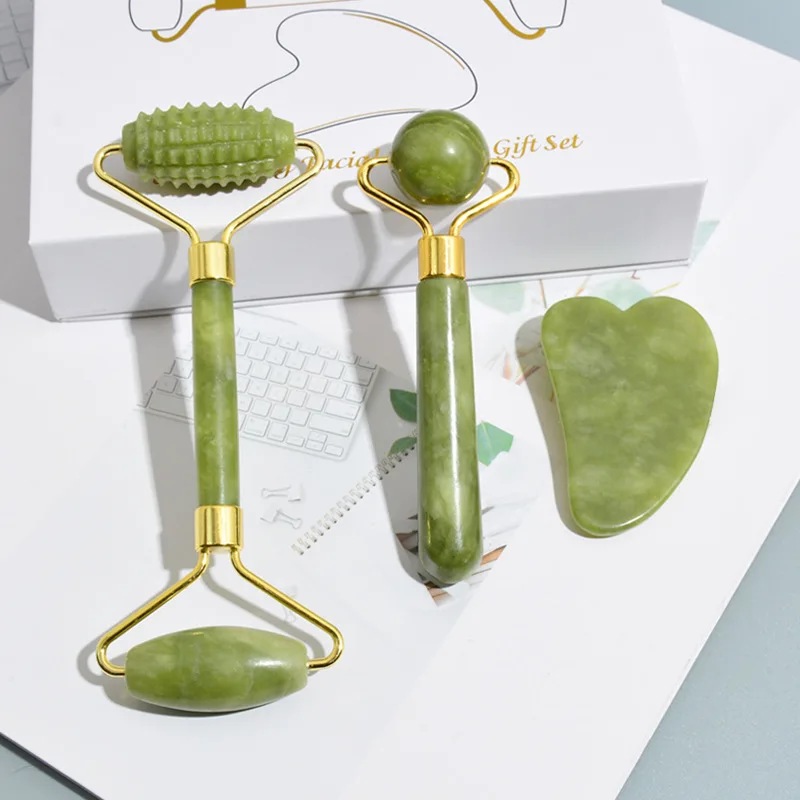 

100% Natural Jade 3Pcs/Set Facial Massage Roller Face Neck Skin Care Massager Guasha Scraper Set Thin Lift Beauty Slimming Tool