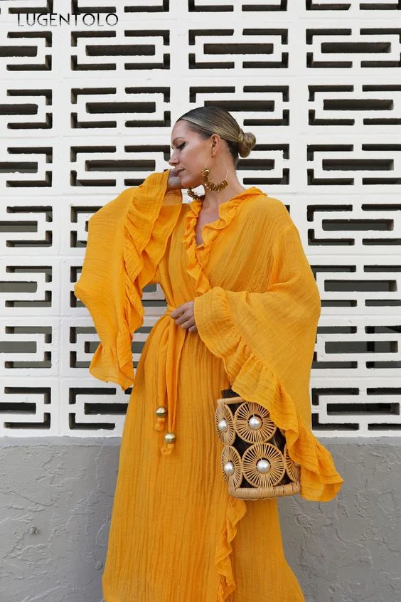 

Long Sleeve Dress Women Yellow Spring V-neck Ruffle Irregular Casual Female Solid Street Thin Pullover Dress Lugentolo