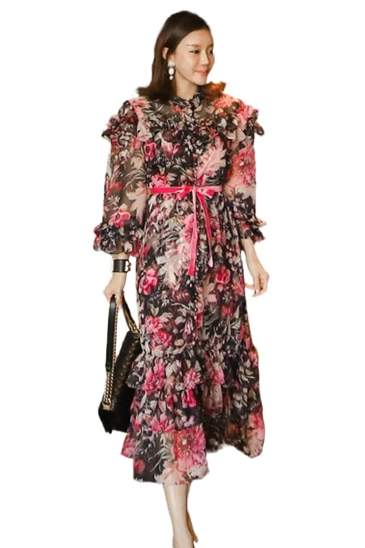 

Two Piece Dress Women Korean Style Floral Print Flare Sleeve Long Chiffon Party Dress Lace-up High Waist Casual Dress T7702