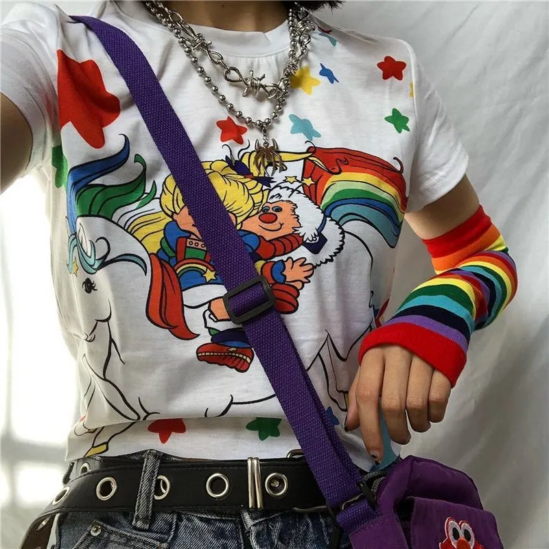 

rainbow striped gloves 2020 summer new Korean elegant stylesleeves sunscreen gloves female students sleeves gloves hot selling