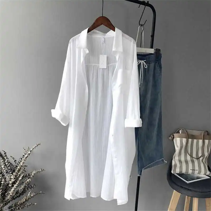 

Algodo casual branco longo blusa feminina 2019 outono feminino manga comprida camisas brancas blusa de alta qualidade blusa