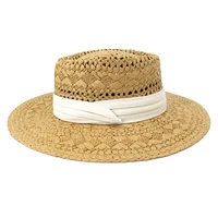 2021 new summer womens boater beach hat wide side female casual panama hat lady classic flat bowknot straw sun hat women fedora