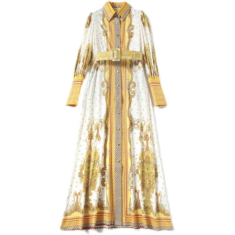 

Elegant Spring Vintage Print Long Sleeve Maxi Dress Runway High Quality Women Robe Turn Down Collar Aline Party Vacation Vestido