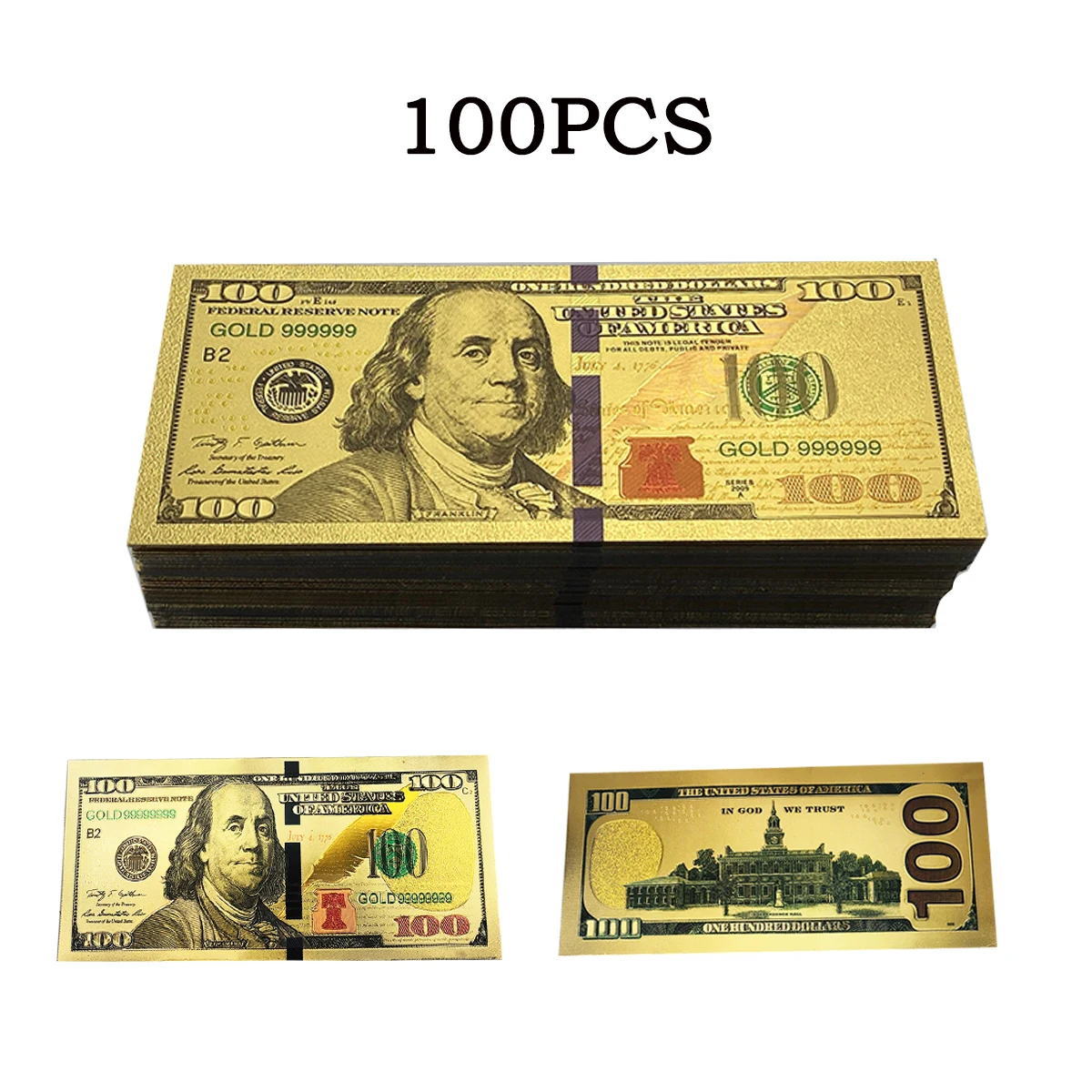 100pcs 14.6*6.5cmm USA New 100 Dollar bills Gold Foiled Platsic Replica Banknote Fake Money United States OF America Souvenirs