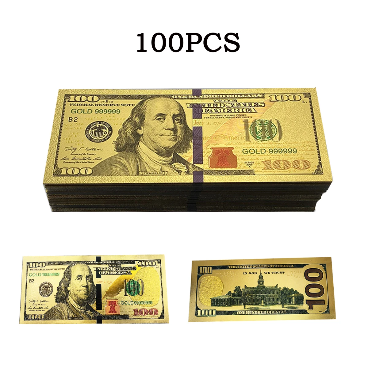 

100pcs 14.6*6.5cmm USA New 100 Dollar bills Gold Foiled Platsic Replica Banknote Fake Money United States OF America Souvenirs