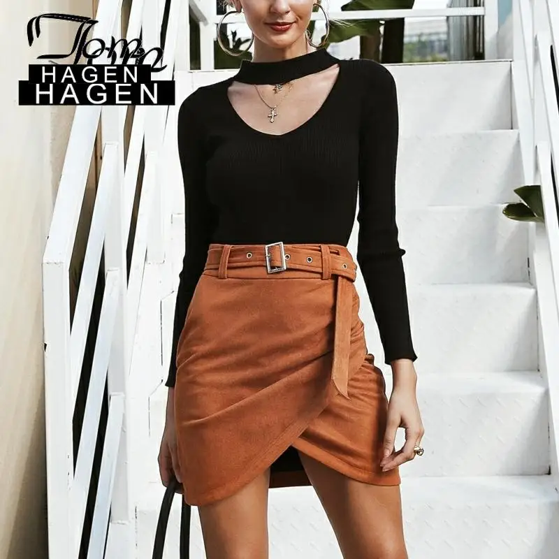 Женская замшевая мини-юбка с поясом и высокой талией | одежда