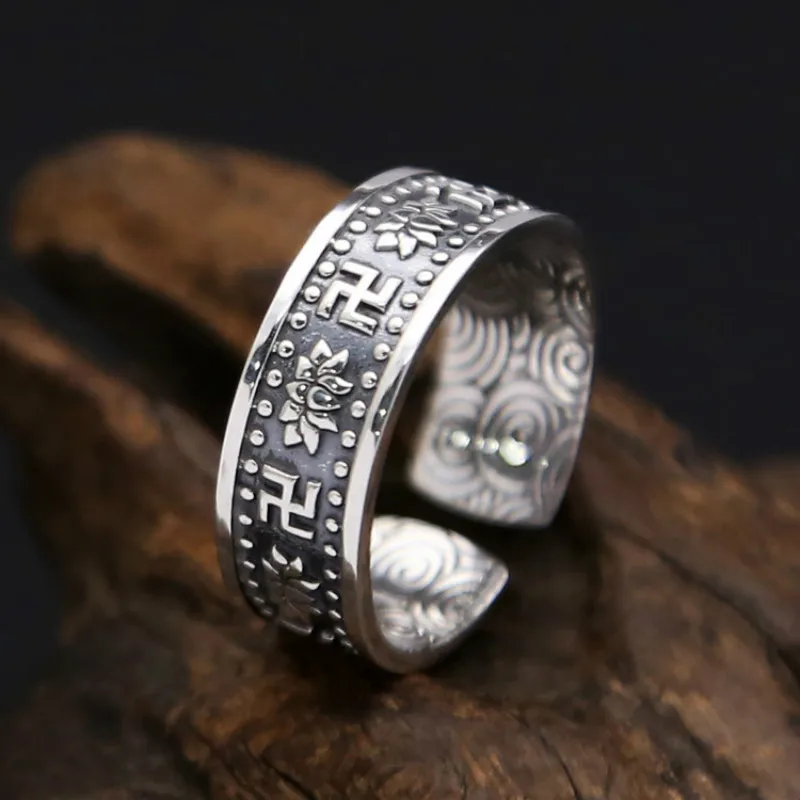 925 Чистое серебро ручной резной узор лотоса Ретро Индивидуальность тренд кольцо