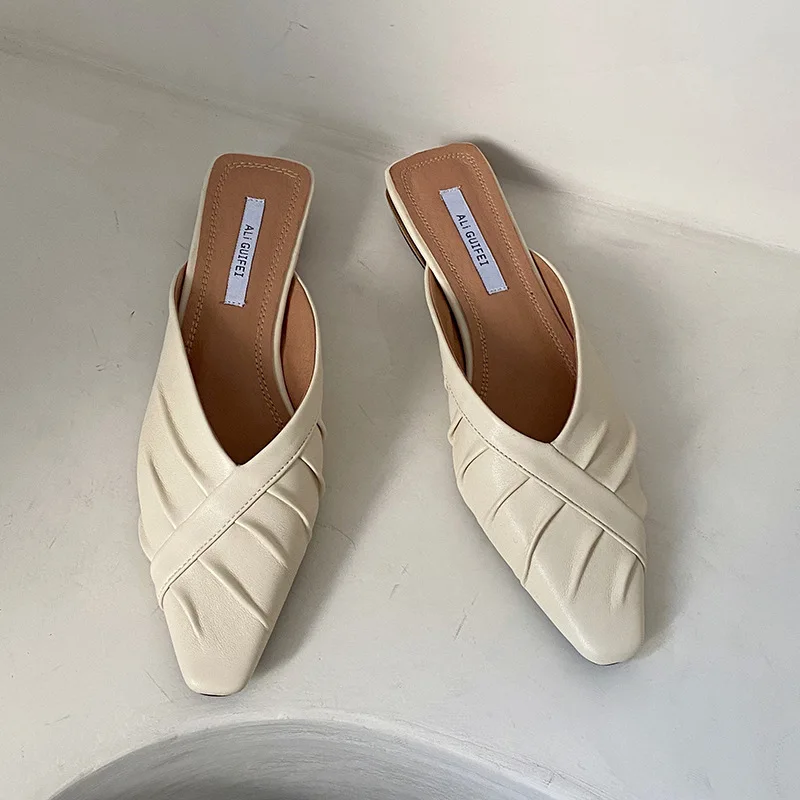 

Cover Toe Shoes Woman 2021 Med Low Loafers Female Mule Slipper Square Mules PU Slides Rome Pleated Basic Fabric Hoof Heels