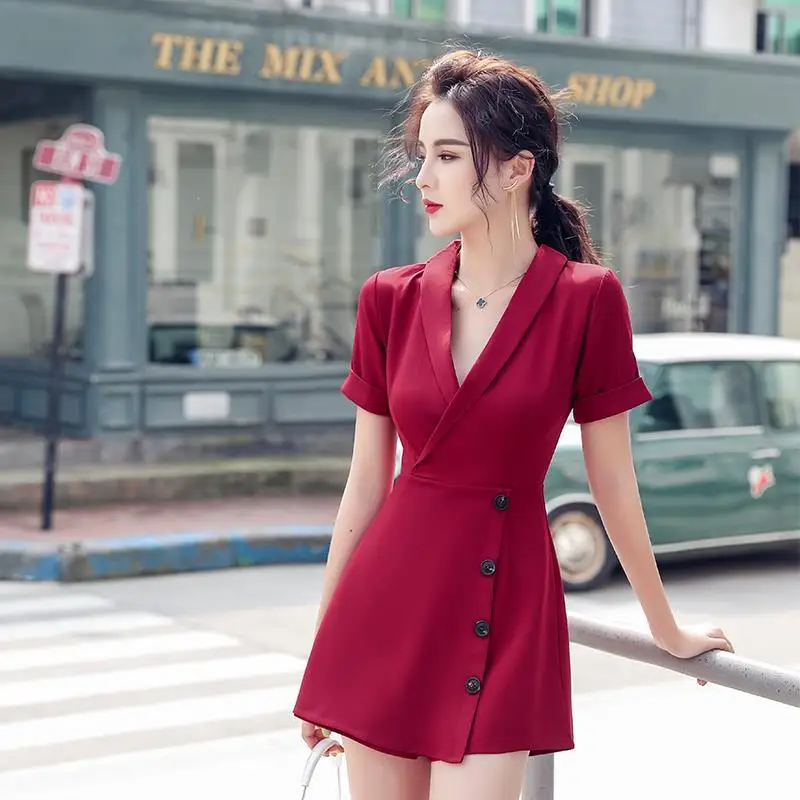 

Summer Korean Fashion Slim Notched Collar Female Red Single-breasted Short Playsuits Jumpsuits Solid Casual Jumpsuit Women Y505