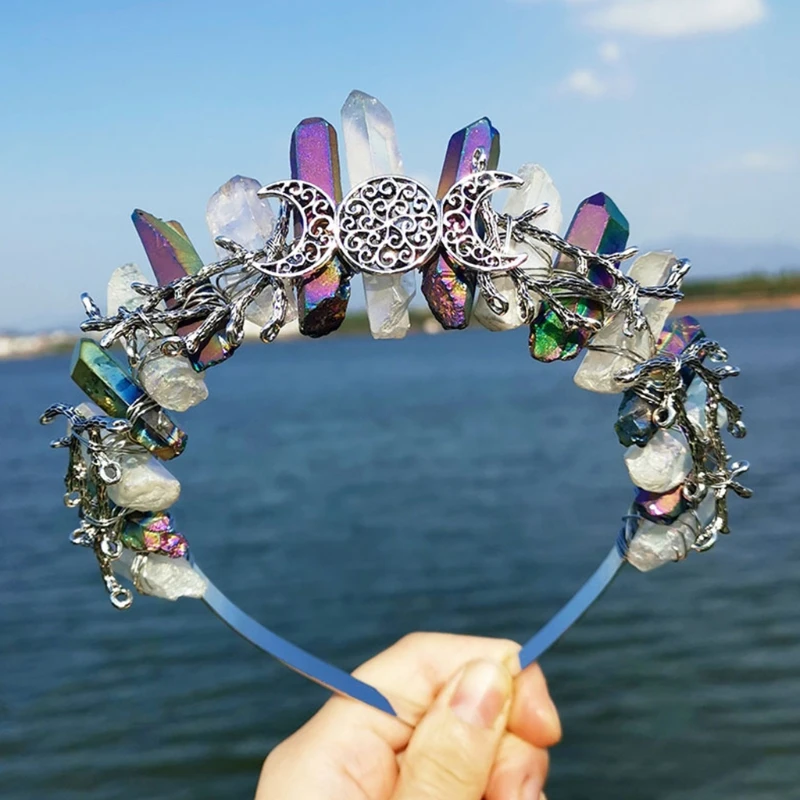 

Rainbow Contrast Color Plating Raw Crystal Headband Antique Silver Branches Moon Hair Hoop Crown Wedding Tiara Headpiece
