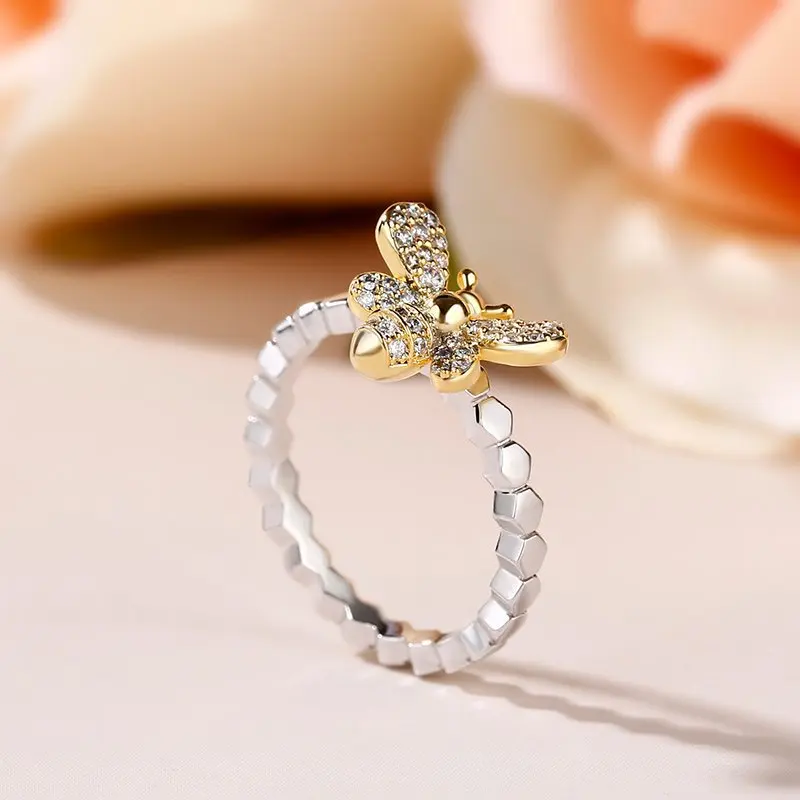 

Cute Lady Fashion Little Bee Ring 925 Standard Silver Jewelry Filled Cubic Zirconia Ring Wedding Party Jewelry Anniversary Gift