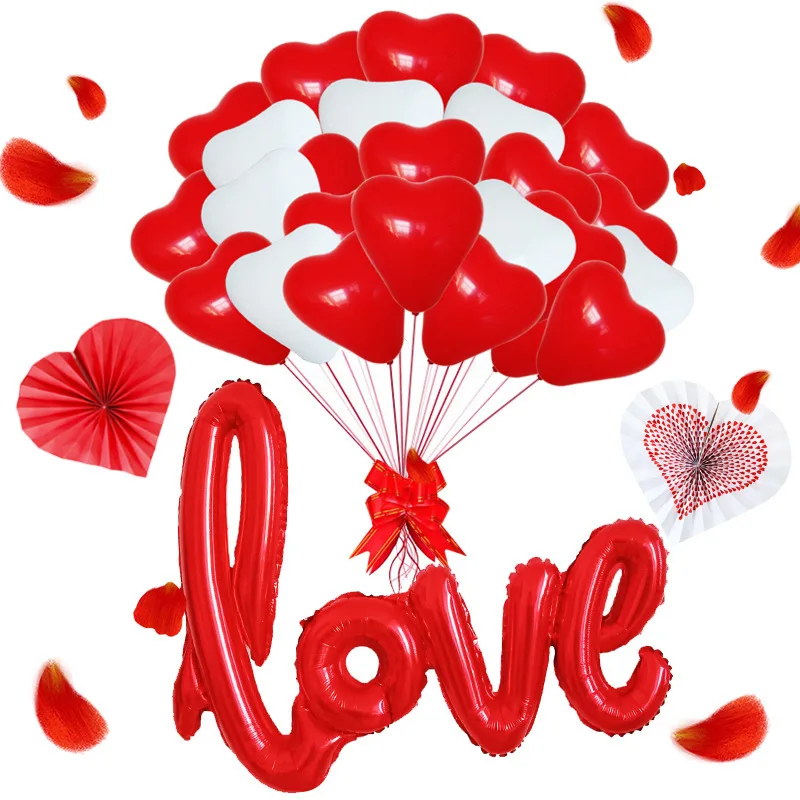 

55pcs/lot Thickened 10 Inch Heart Shaped Latex Balloons Red White Pink Love Letter Paper Fan Wedding Propose Party Decorations